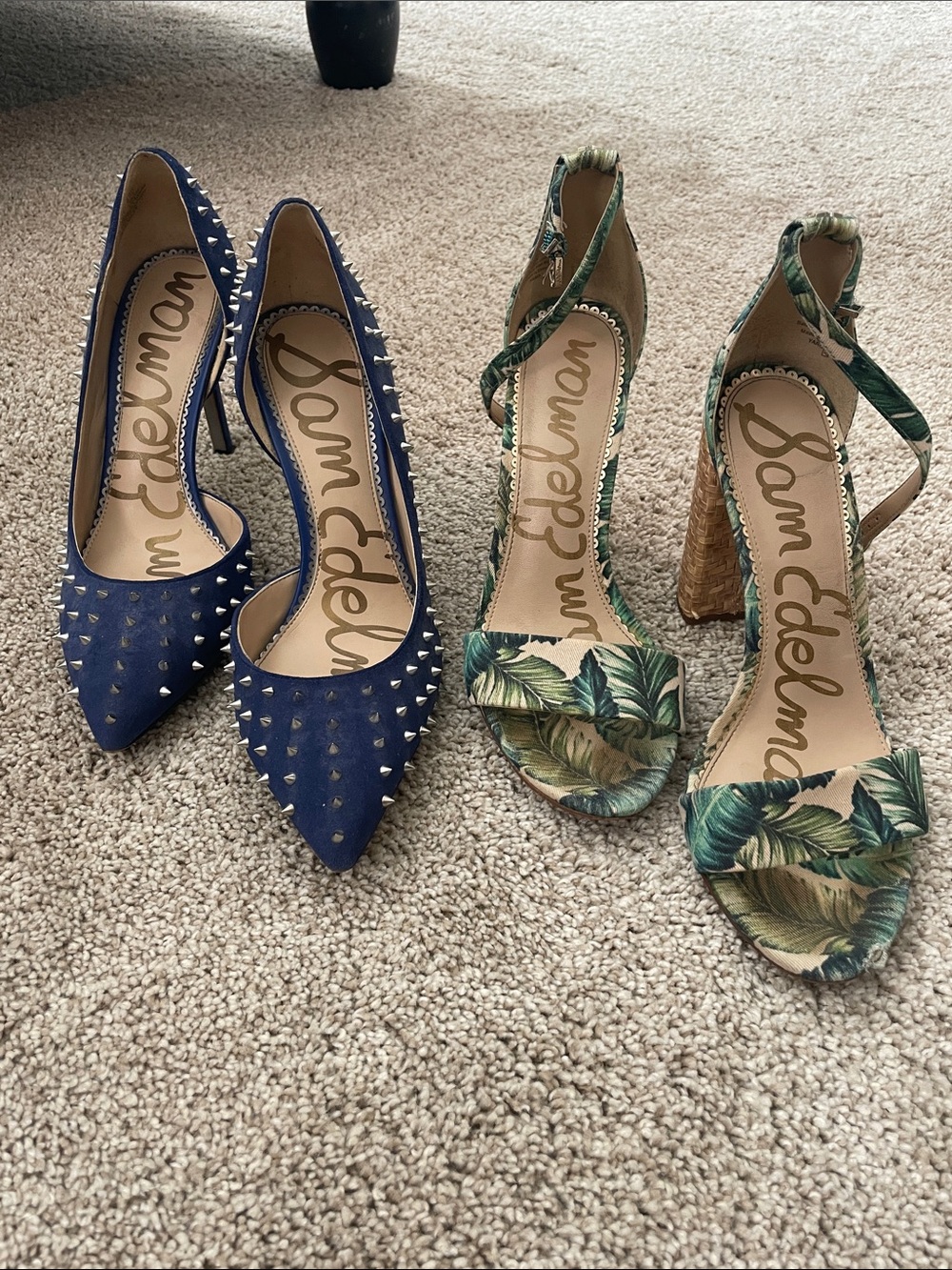 Sam Edelman Navy Pointed Studded Flats & Green Palm Wedge Sandals Duo